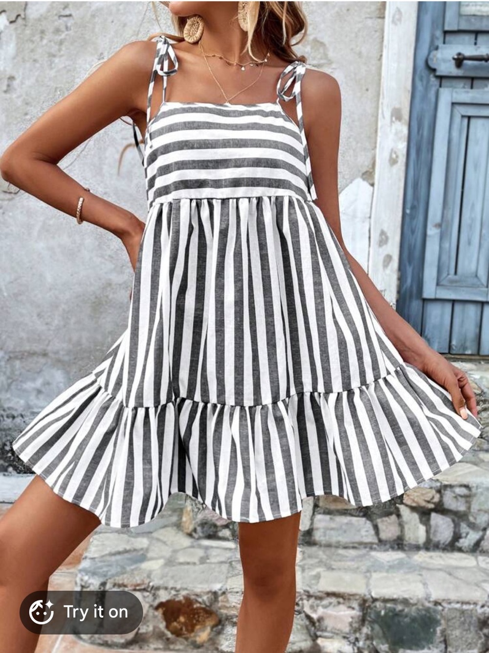 SHEIN Gray and White Striped Tie-Shoulder Mini Dress